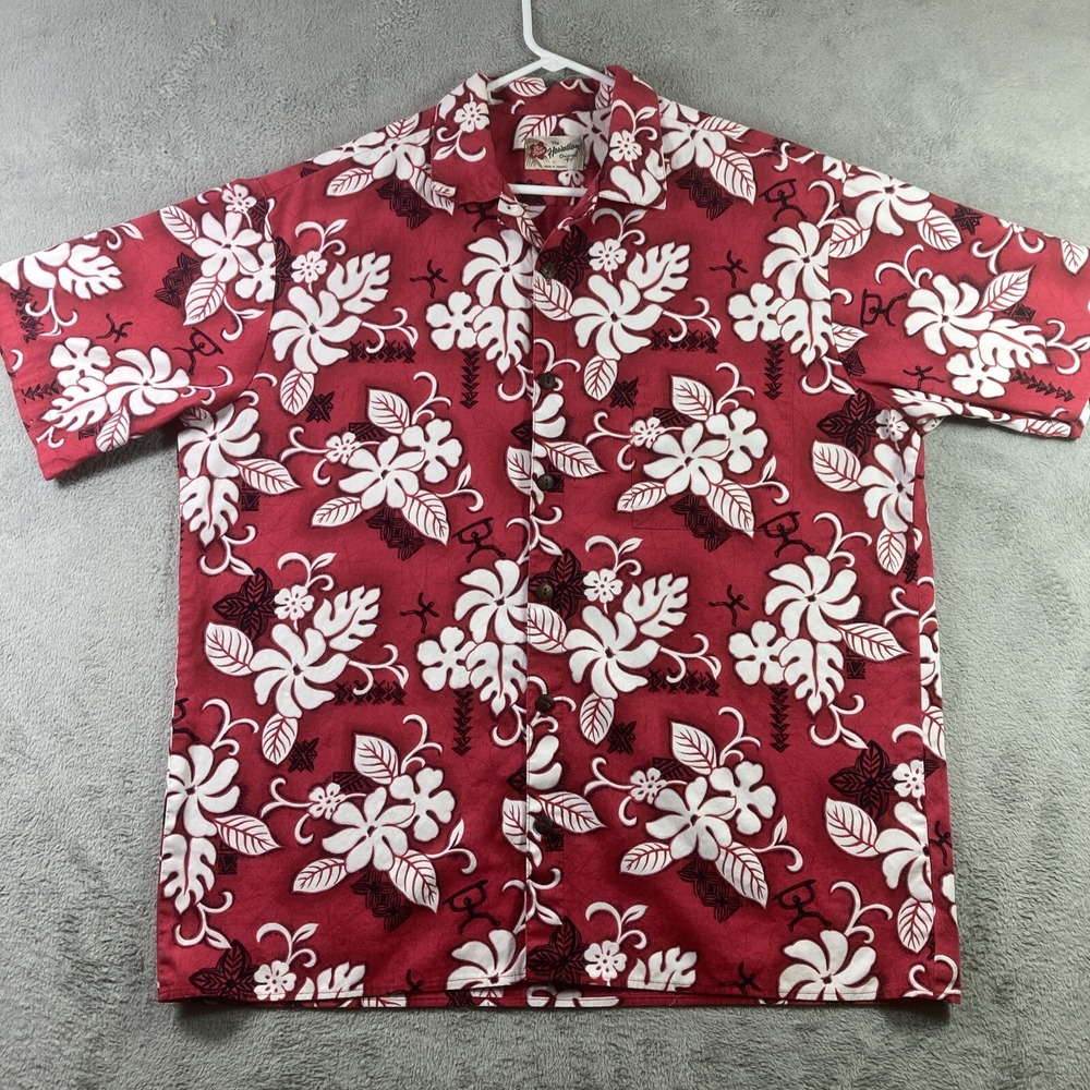 Vtg Hilo Hattie Hawaiian Shirt Men XL Red All Over Print Tropical Button Up USA